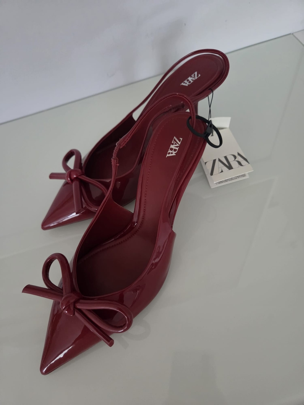 ZARA Burgundy Patent Pointed Slingback Heels with Bow